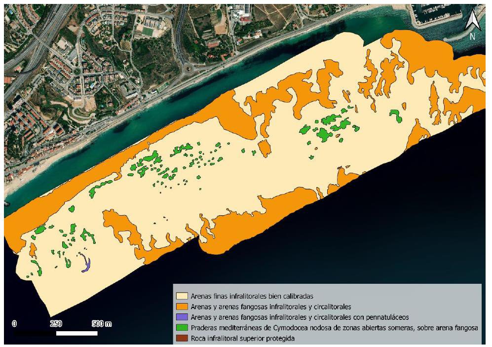 Mapa de hábitats marinos con las praderas de Cymodocea nodosa del litoral de Montgat